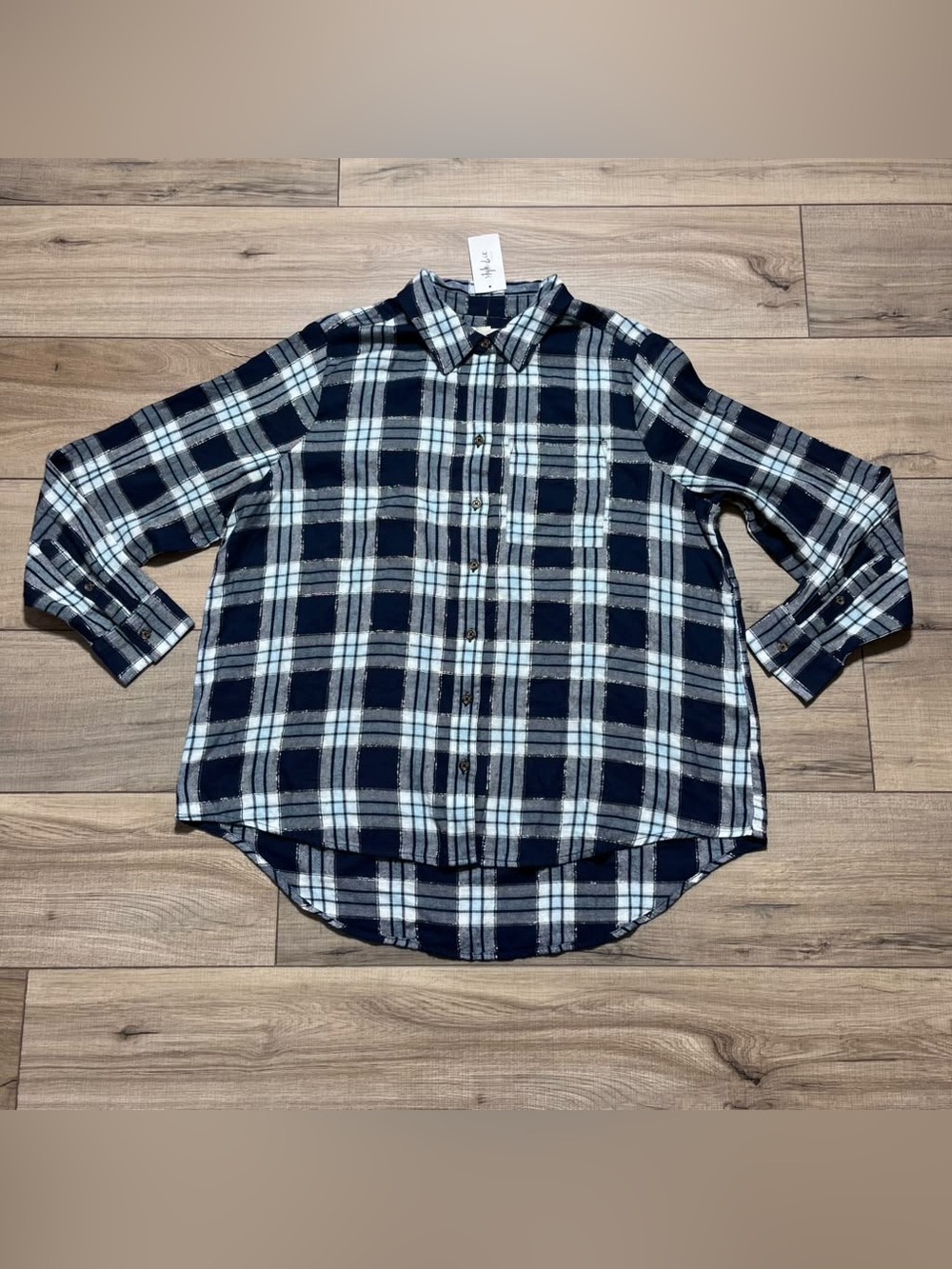 Style & Co Womens Plaid Long Sleeve Button Up Shirt Size 1X Navy Blue White